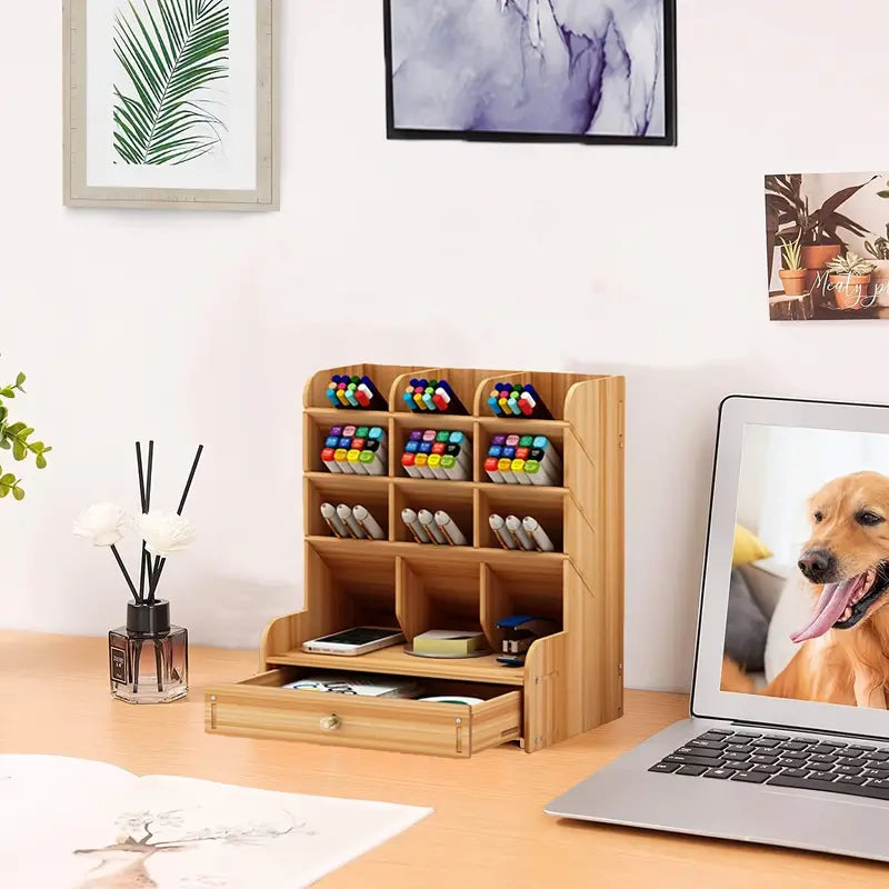Multi-Functional Wooden Desk Organizer with Drawer