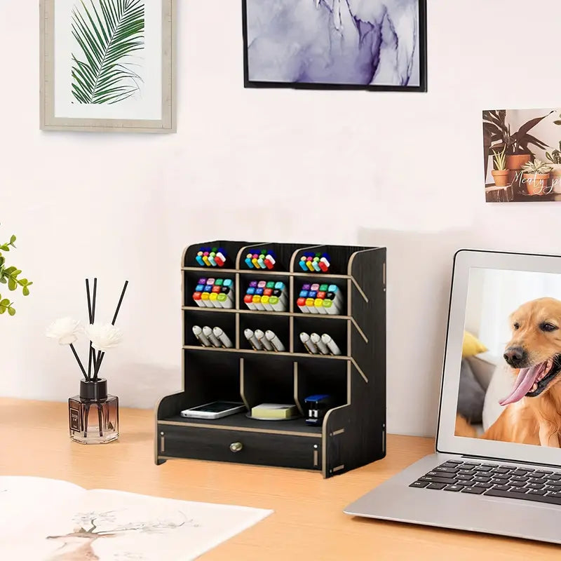 Multi-Functional Wooden Desk Organizer with Drawer