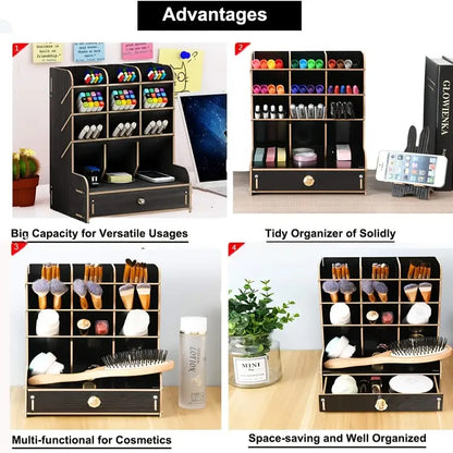 Multi-Functional Wooden Desk Organizer with Drawer